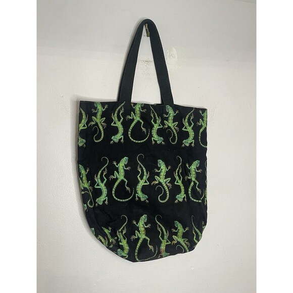 Vintage Iguana Colorful Print Tote Bag Black Faded 16"x15" - Picture 2 of 7